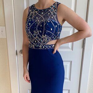 Navy blue sequined cutout prom dress